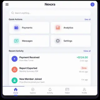 A mobile app UI mockup showing a dashboard with a top naviga