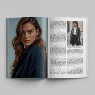 A fashion magazine spread with a full-bleed left-page photo,