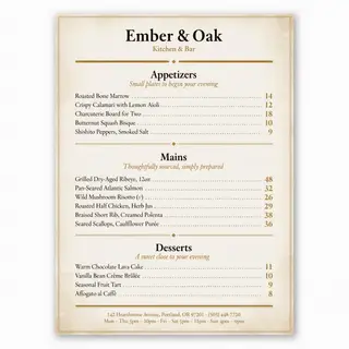 A restaurant menu layout with a logo header, three category 