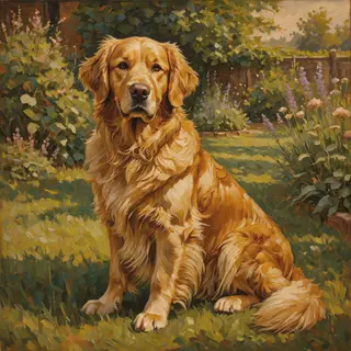 A golden retriever sitting in a garden, painted in the style