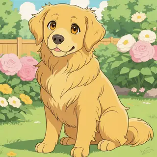 A golden retriever sitting in a garden, rendered in Japanese