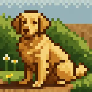 A golden retriever sitting in a garden, rendered in pixel ar