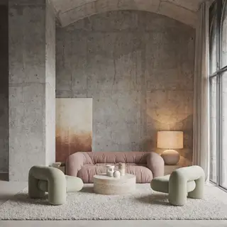 An interior scene rendered in soft brutalism — raw concrete 