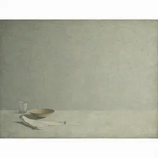 A still life painted in anxious minimalism — sparse composit