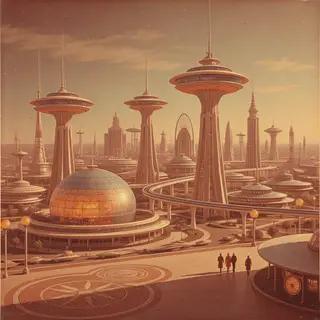 A cityscape rendered in nostalgic futurism — retro-futuristi