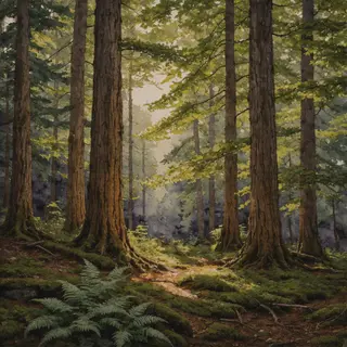 A forest rendered in photorealistic watercolor — the detail 