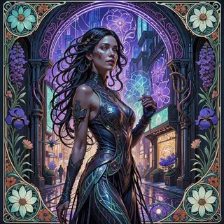 A woman in a futuristic city rendered in cyberpunk Art Nouve