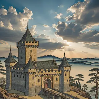 A medieval castle depicted in Japanese ukiyo-e woodblock pri