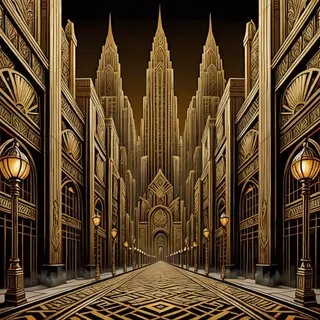 A city street scene in the style of Art Deco — geometric sha