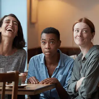 A group of three friends at a table: one laughing with head 