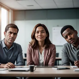 Three coworkers in a meeting: one looking frustrated with fu