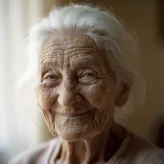 An elderly woman in her 80s with deep wrinkles and white hai