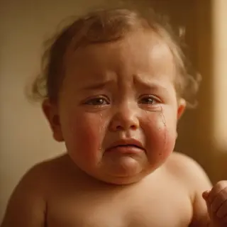 A 5-year-old child with round cheeks and large eyes, crying 