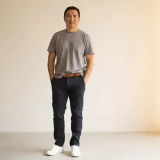 A man standing straight facing the camera, hands in pockets,