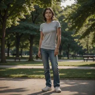 A person standing in a neutral pose in a park, full body vis