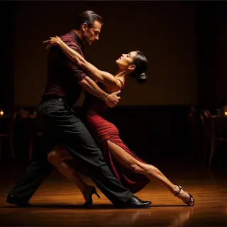Two tango dancers in a close embrace, the man dipping the wo