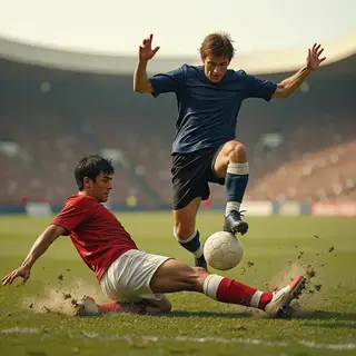 Two soccer players mid-tackle, one sliding and the other jum