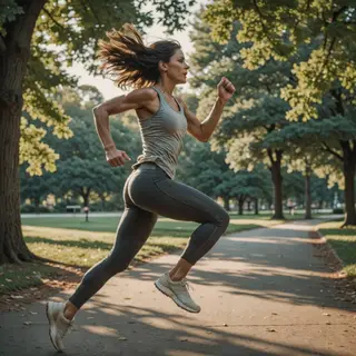 A woman mid-stride running through a park, hair and clothes 