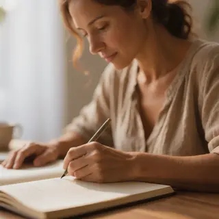 A woman writing in a notebook with a pen gripped correctly i