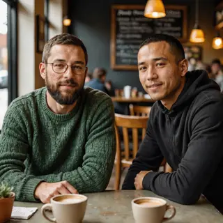 Two men at a cafe: one with a beard and glasses wearing a gr