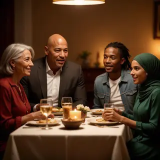Four people at a dinner table: a bald man in a suit, a woman