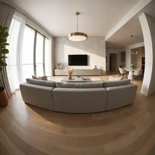 A wide-angle shot of a modern living room interior showing e