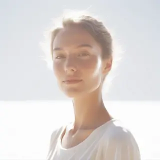 A high-key portrait of a person against a bright white backg