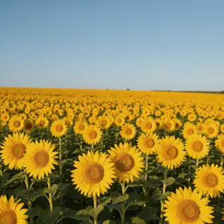 A field of pure sunflower yellow flowers under a clear blue 