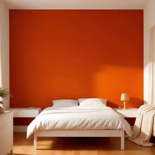 A bedroom wall painted in #FF6B35 (burnt orange) with white 