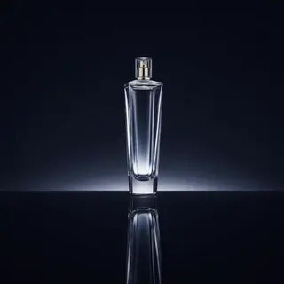 A clear glass perfume bottle on a reflective black surface w