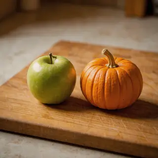 A green apple and an orange pumpkin on a wooden cutting boar