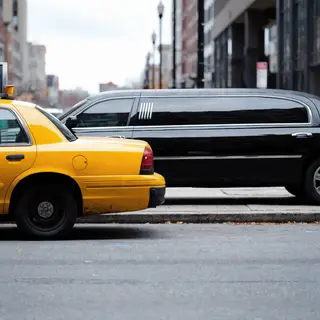 A yellow taxi and a black limousine parked next to each othe