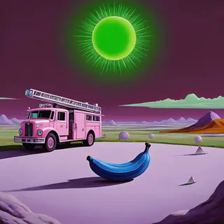 A pink fire truck, a blue banana, and a green sun in a surre
