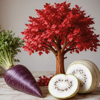 A purple carrot, a red tree with red leaves, and a white wat