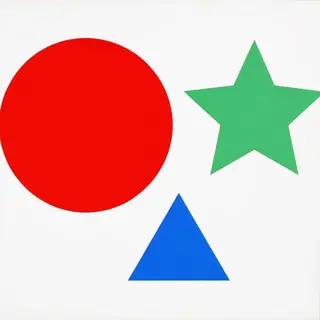 A large red circle, a small blue triangle, and a medium gree