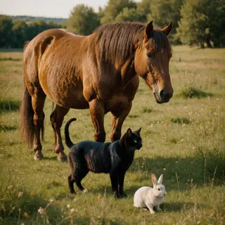 A big brown horse, a small white rabbit, and a medium-sized 