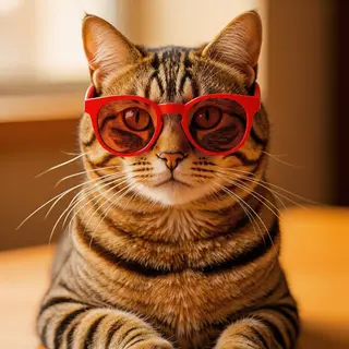 A tabby cat wearing oversized red sunglasses
