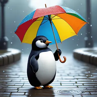 A penguin holding a colorful umbrella