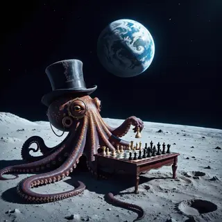An octopus wearing a top hat and monocle playing chess on th