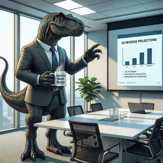 A dinosaur in a business suit giving a PowerPoint presentati
