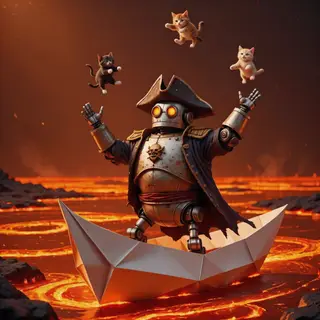 A robot dressed as a pirate sailing a paper boat on a lake o