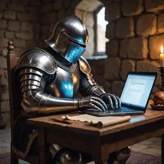 A medieval knight in full armor sitting at a desk typing on 
