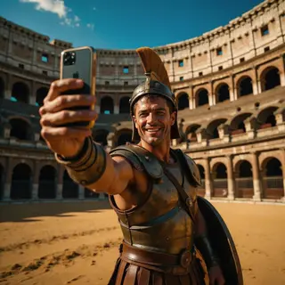 A Roman gladiator taking a selfie with a smartphone in the C