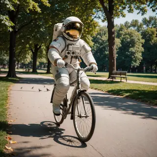 An astronaut in a spacesuit riding a bicycle through a park