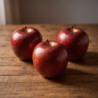 Exactly 3 red apples arranged on a wooden table