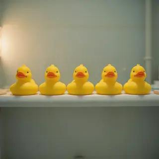 Exactly 5 yellow rubber ducks sitting in a row on a bathroom