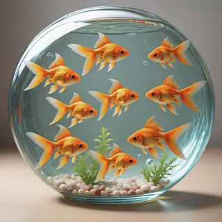 Exactly 9 goldfish swimming in a large round fishbowl