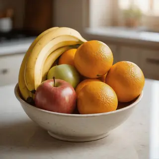 A fruit bowl containing exactly 3 bananas, 4 oranges, and 2 