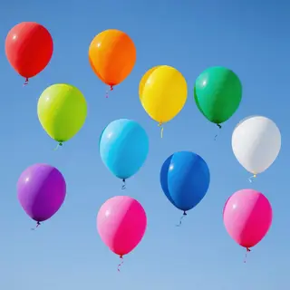 Exactly 11 colorful balloons floating against a clear blue s