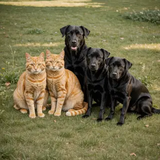 2 orange cats and 3 black dogs sitting together on a grassy 
